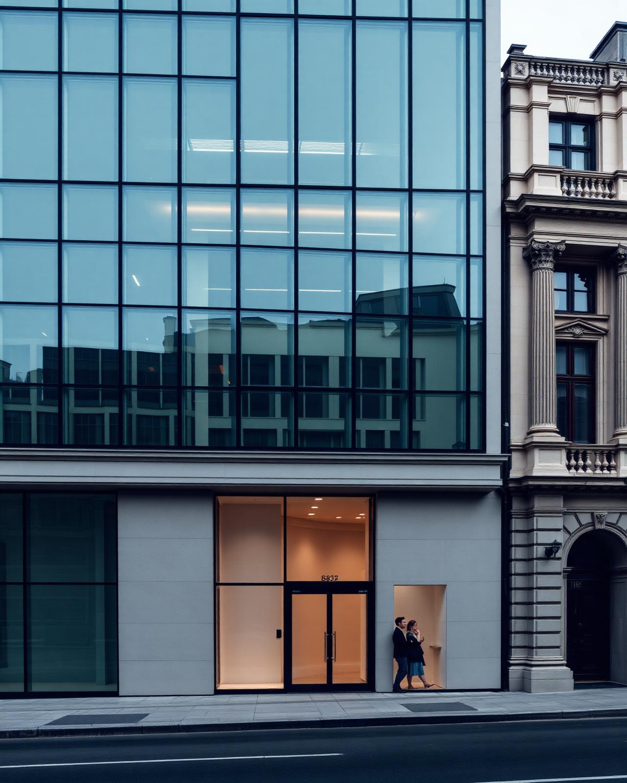 Modern European corporate architecture meeting classical institutional buildings